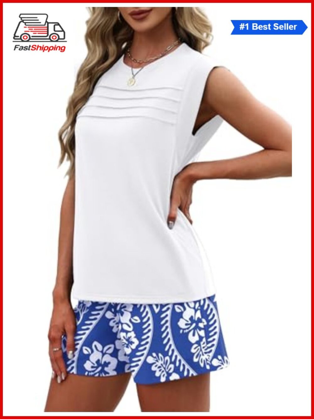 ✨ Two Piece Short Set Sleeveless Top Ruch Drawstring Shorts Pockets Polyester - Picture 2 of 6